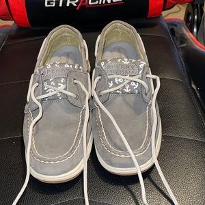 Sperry boat shoes, size 8, grey and white